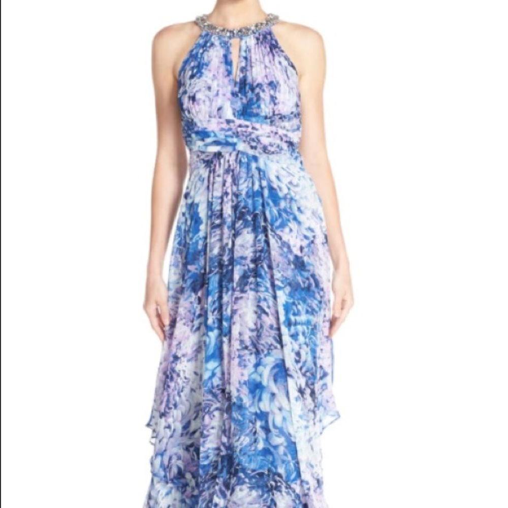 Eliza J Embellished Floral Print Chiffon Gown